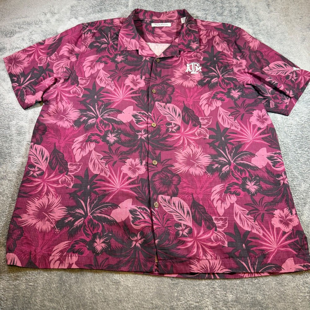 Tommy Bahama Texas A&M Aggies Mens XL Silk Camp Shirt Floral Maroon Hibiscus